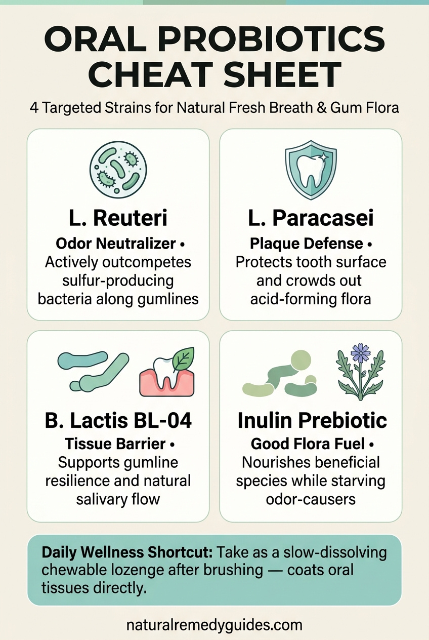 Oral Probiotics Cheat Sheet: 4 Targeted Strains for Natural Fresh Breath & Gum Flora Infographic